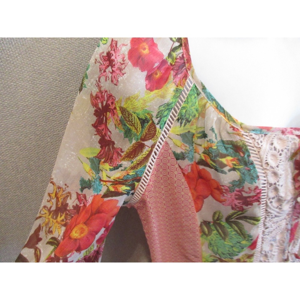 Meadow Rue Anthropologie Key-Hole Peasant Blouse Beige w/Multicolor Floral Sz S - Picture 3 of 7